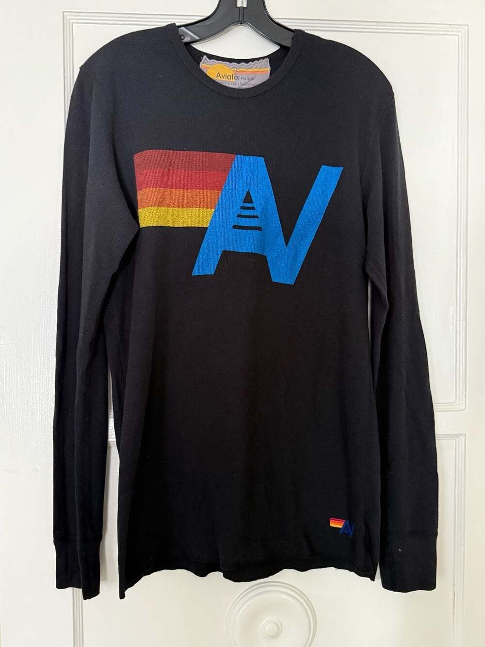 Aviator Nation Rainbow Stripe Logo Long Sleeve Waffle Knit Thermal Shirt